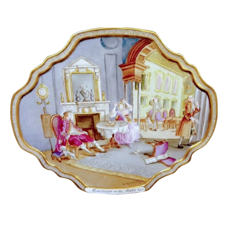 Antique Hand-Painted Porcelain Plaque – "Marriage à la Mode Plate 2" After W. Hogarth – 19th Century French Style Rococo Satirical Decor