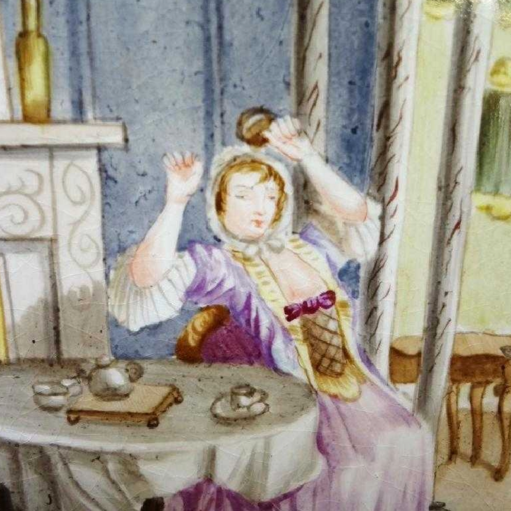 Antique Hand-Painted Porcelain Plaque – "Marriage à la Mode Plate 2" After W. Hogarth – 19th Century French Style Rococo Satirical Decor