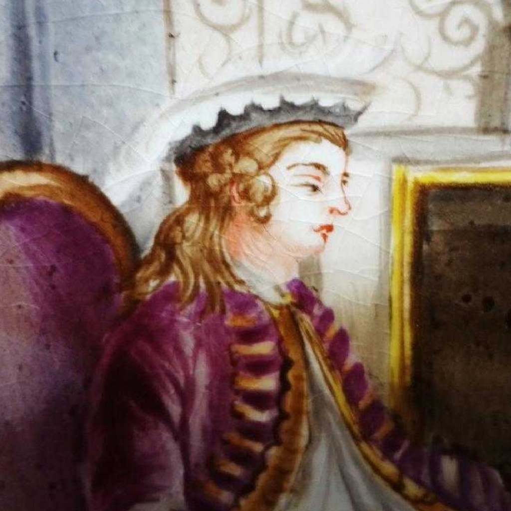 Antique Hand-Painted Porcelain Plaque – "Marriage à la Mode Plate 2" After W. Hogarth – 19th Century French Style Rococo Satirical Decor