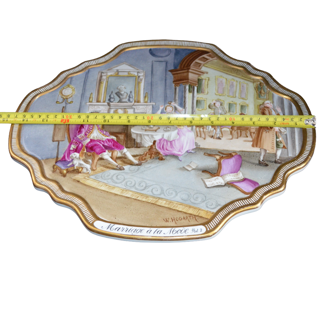 Antique Hand-Painted Porcelain Plaque – "Marriage à la Mode Plate 2" After W. Hogarth – 19th Century French Style Rococo Satirical Decor