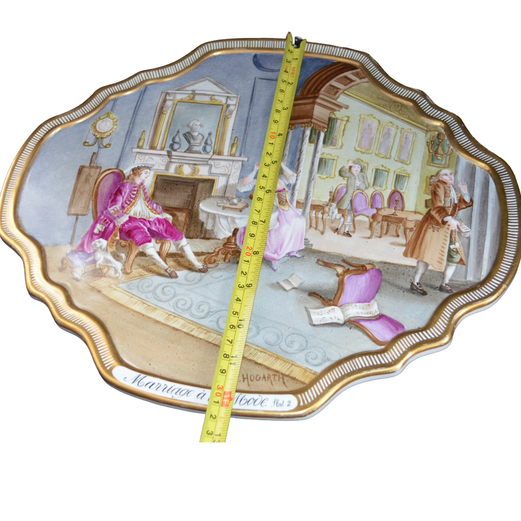 Antique Hand-Painted Porcelain Plaque – "Marriage à la Mode Plate 2" After W. Hogarth – 19th Century French Style Rococo Satirical Decor