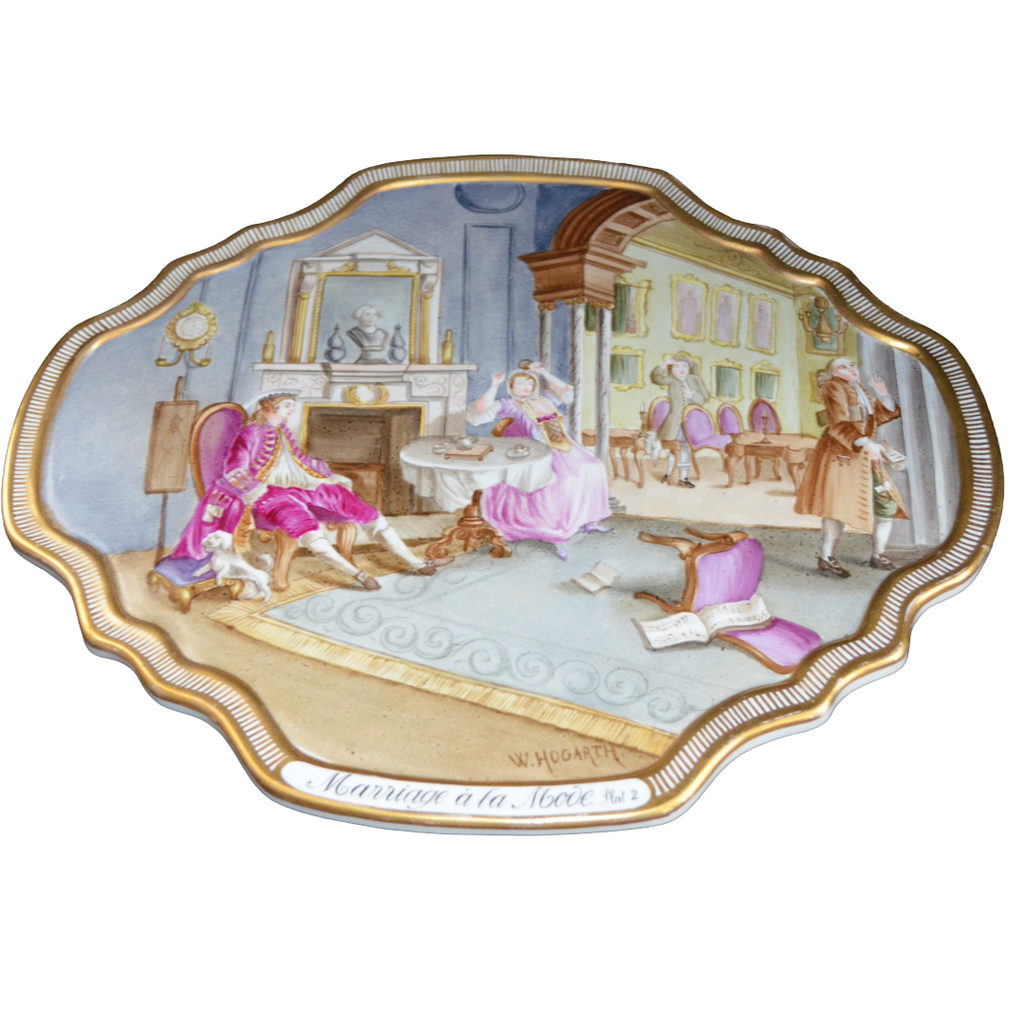 Antique Hand-Painted Porcelain Plaque – "Marriage à la Mode Plate 2" After W. Hogarth – 19th Century French Style Rococo Satirical Decor