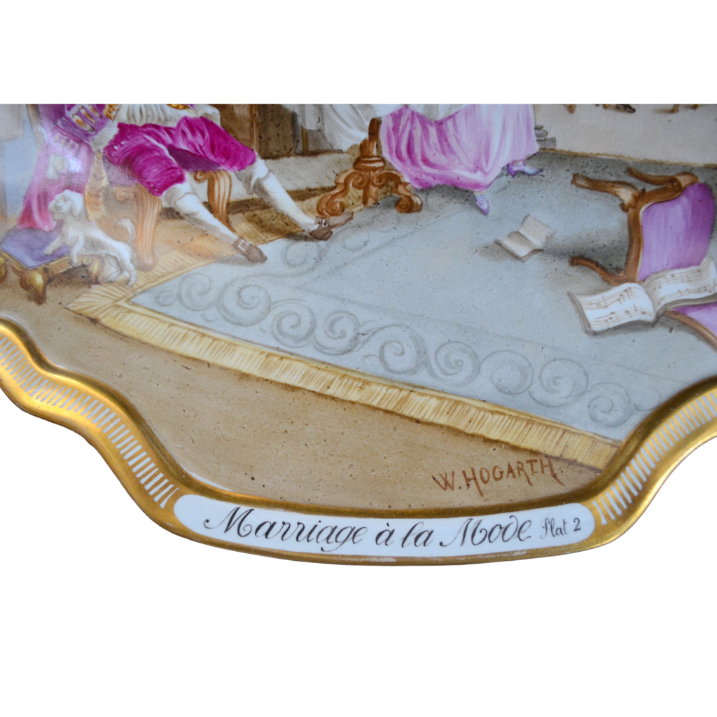 Antique Hand-Painted Porcelain Plaque – "Marriage à la Mode Plate 2" After W. Hogarth – 19th Century French Style Rococo Satirical Decor