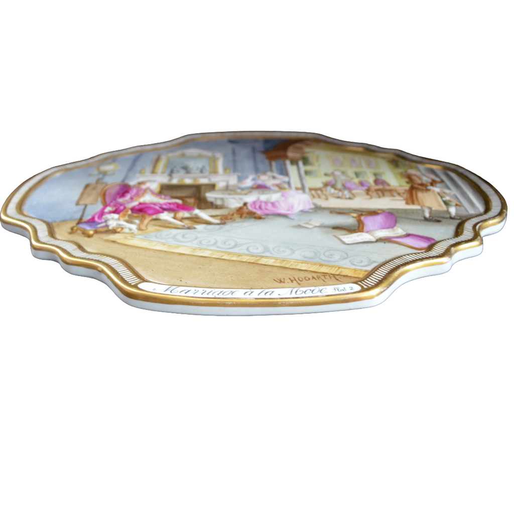 Antique Hand-Painted Porcelain Plaque – "Marriage à la Mode Plate 2" After W. Hogarth – 19th Century French Style Rococo Satirical Decor
