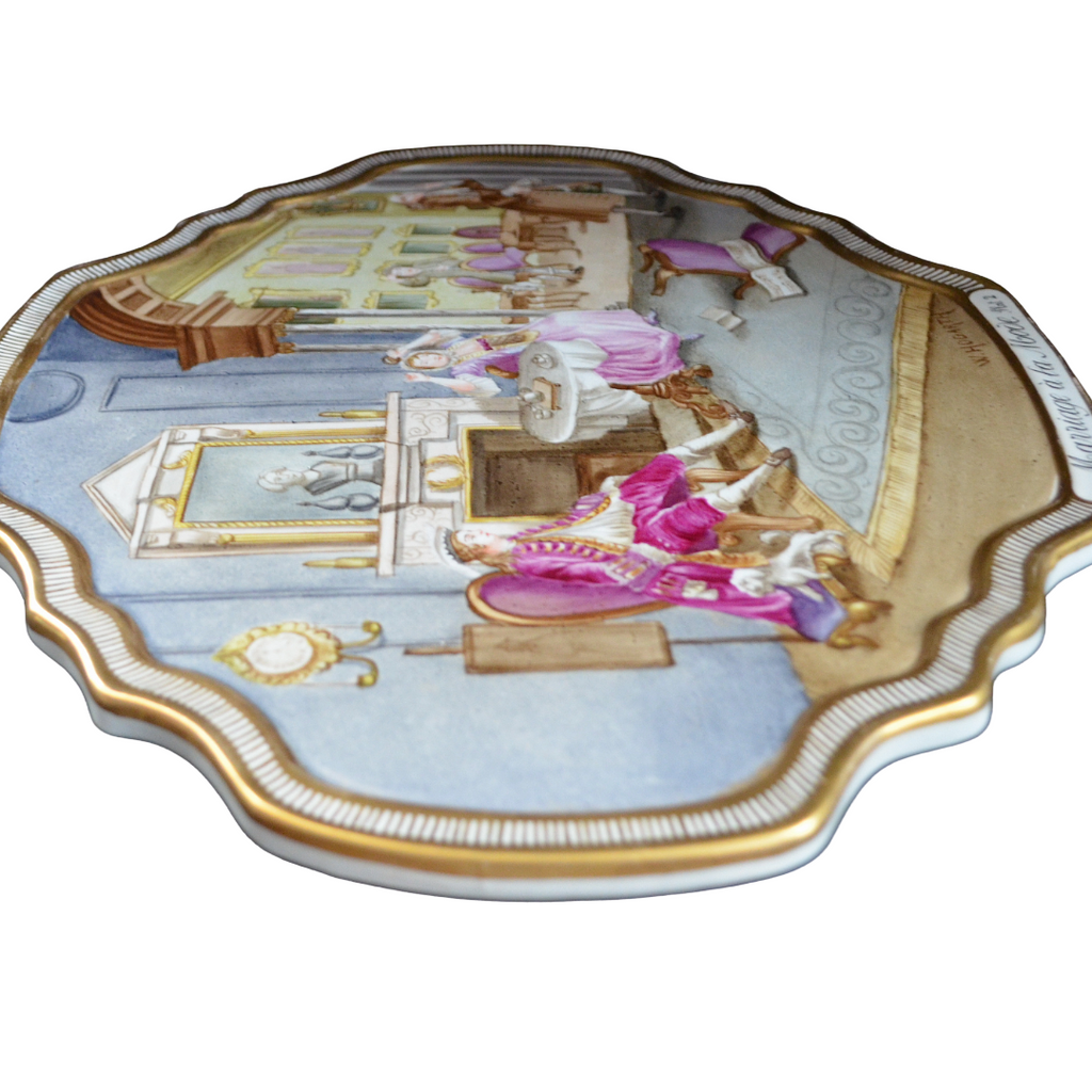 Antique Hand-Painted Porcelain Plaque – "Marriage à la Mode Plate 2" After W. Hogarth – 19th Century French Style Rococo Satirical Decor