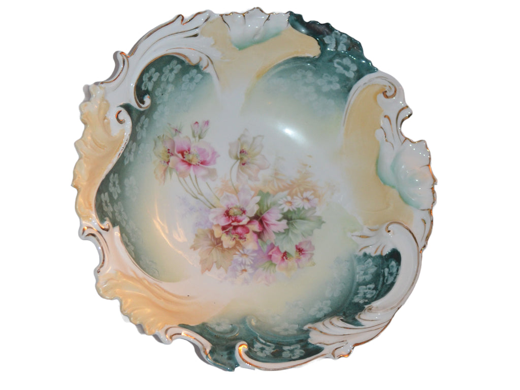 RS Prussia Porcelain Bowl Floral Scroll Teal with Poppies