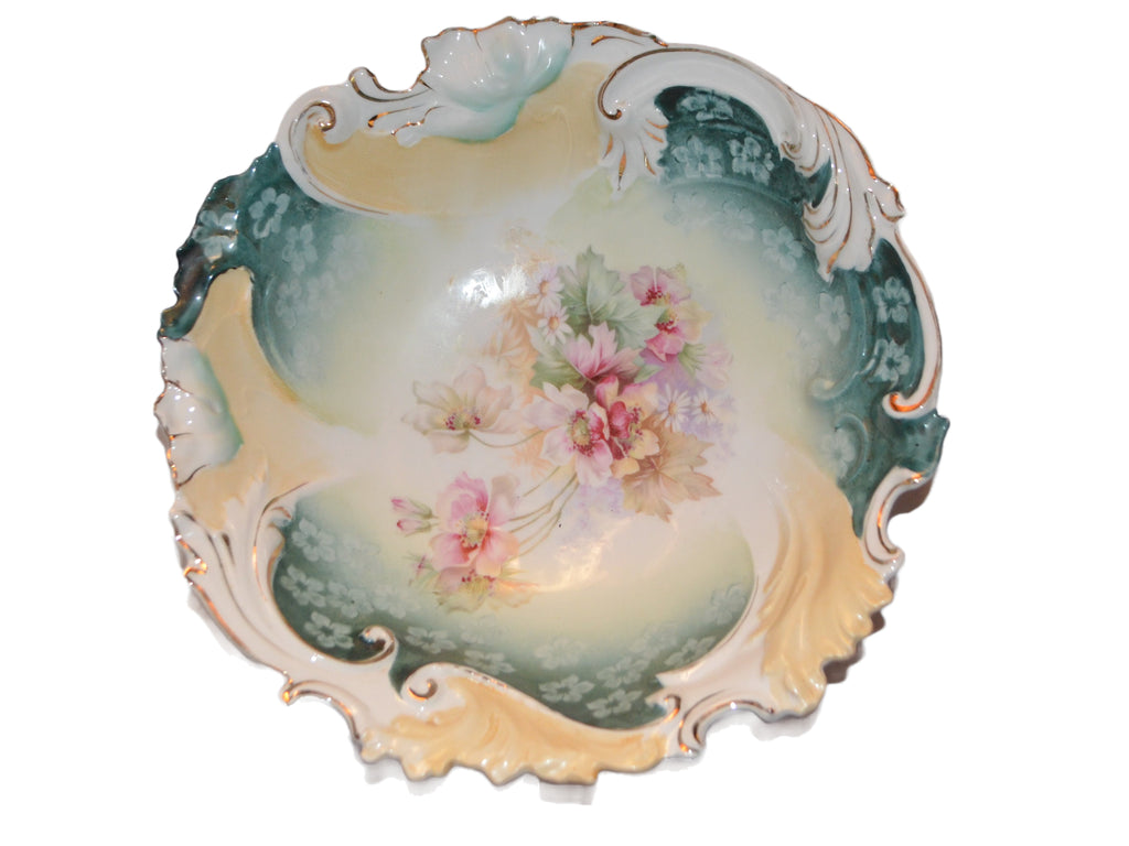 RS Prussia Porcelain Bowl Floral Scroll Teal with Poppies