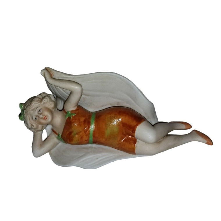 Schafer Vater German Bathing Beauty Risque Lady Porcelain Bisque Figurine Art Deco Bather Orange Suit