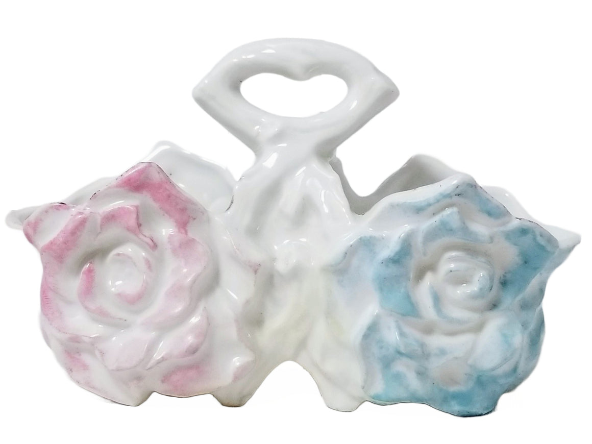 Art Nouveau Porcelain Salt Pepper Caddy Painted Cabbage Roses