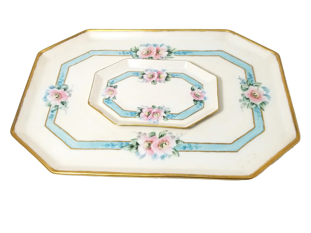 Limoges Porcelain Dresser Set Trays Wild Roses Artist Signed Hollenbach