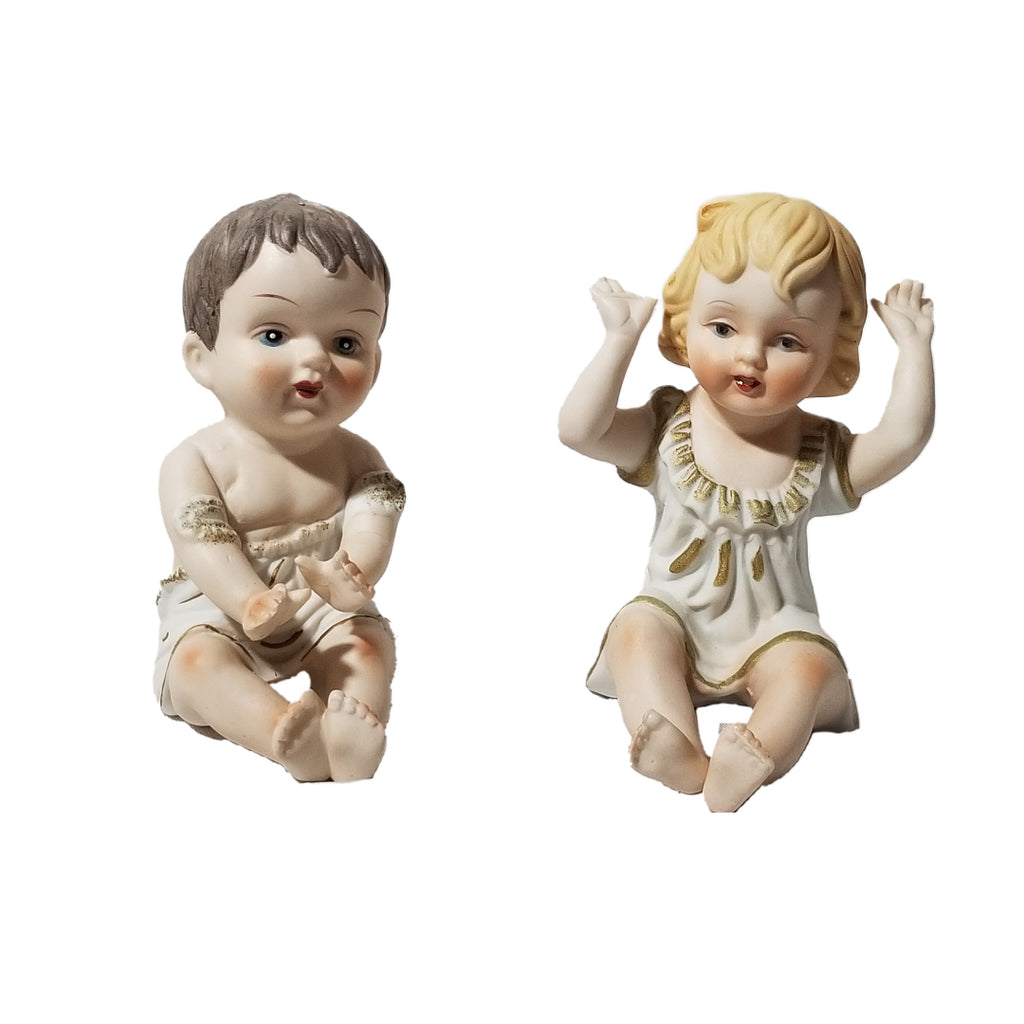 Vintage Pair Bisque Piano Baby Figurines Little Boy & Girl in Pajamas
