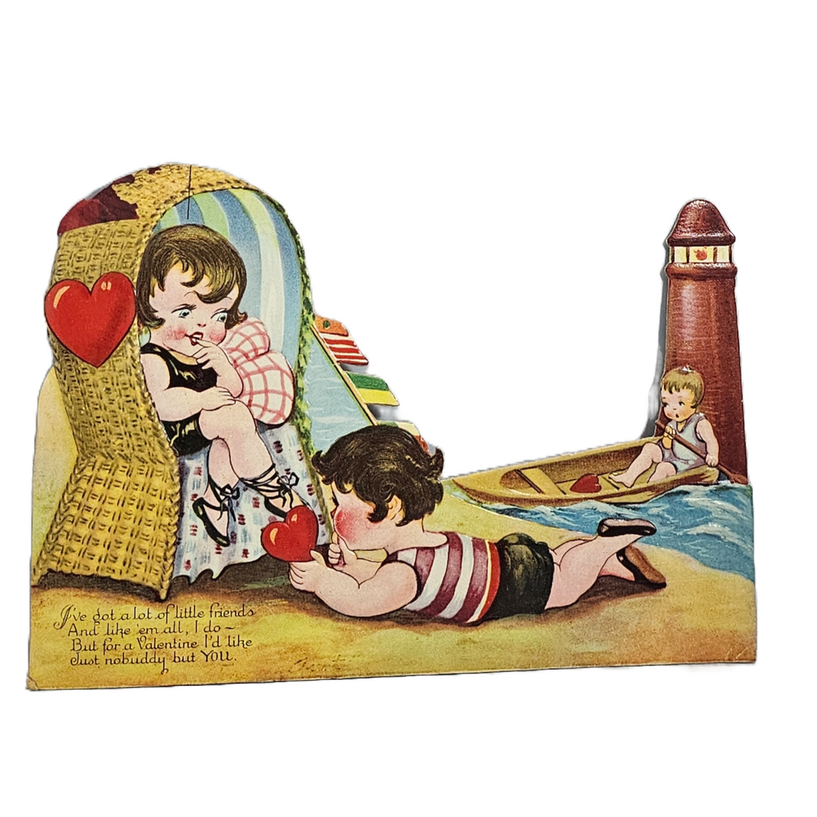 Vintage Die Cut Valentine Card Children on Beach Boy Giving Heart to Girl Another Girl Rowing to Lighthouse