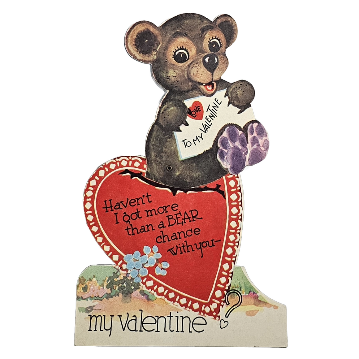 Larger Sized Mechanical Valentine Baby Cub Bear Holding Letter Moving Atop Heart
