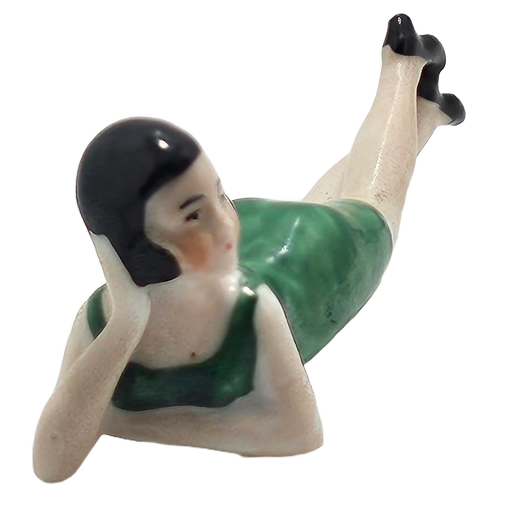 German Porcelain Bisque Bathing Beauty Figurine Doll in Green Swimsuit Art Deco Flapper Bob Hair