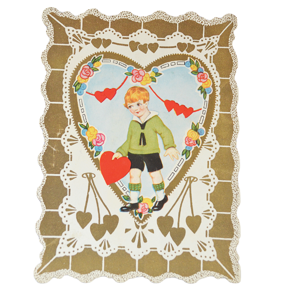 Vintage Die Cut Valentine Card Little Girl on Front with Red Border Poem Interior Back with Boy and Gold Border Whitney