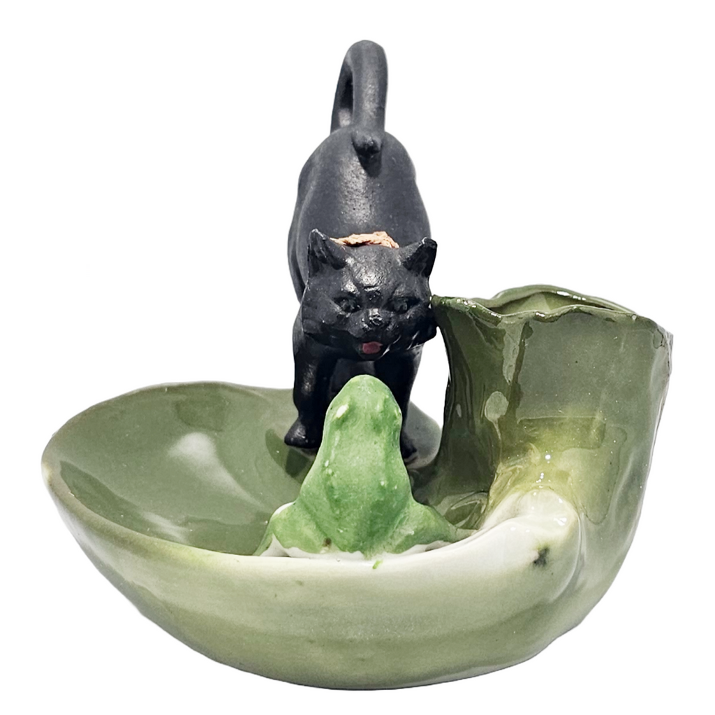 Rare German Bisque Porcelain Halloween Theme Figurine Black Cat Hissing at Frog Match Holder
