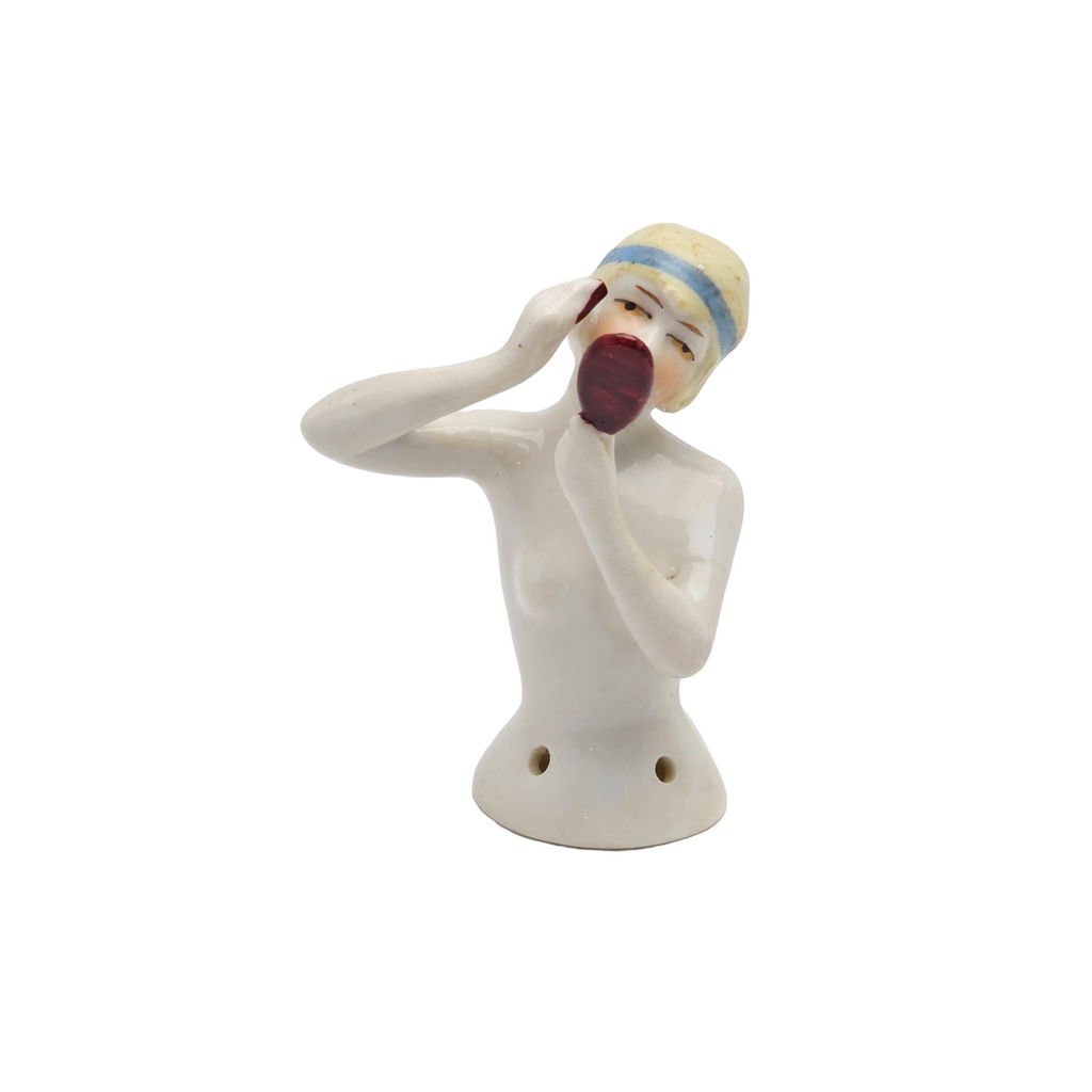 Art Deco Period German Porcelain Flapper Half Doll Applying Makeup Holding Hand Mirror