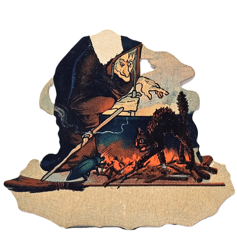 Vintage Dennison Halloween Die Cut Scary Witch & Cauldron Place Card