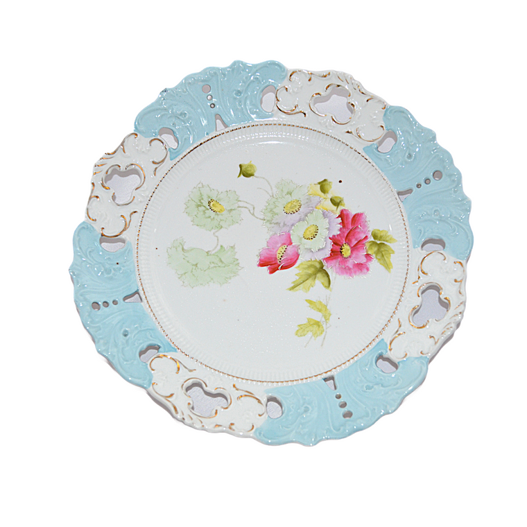Prussia Porcelain Reticulated Cake Plate Nouveau Period Blue with Pink Flowers