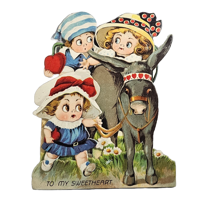 Vintage Die Cut Valentine Card 3D Style Small Children Riding Donkey Artist Chloe Preston