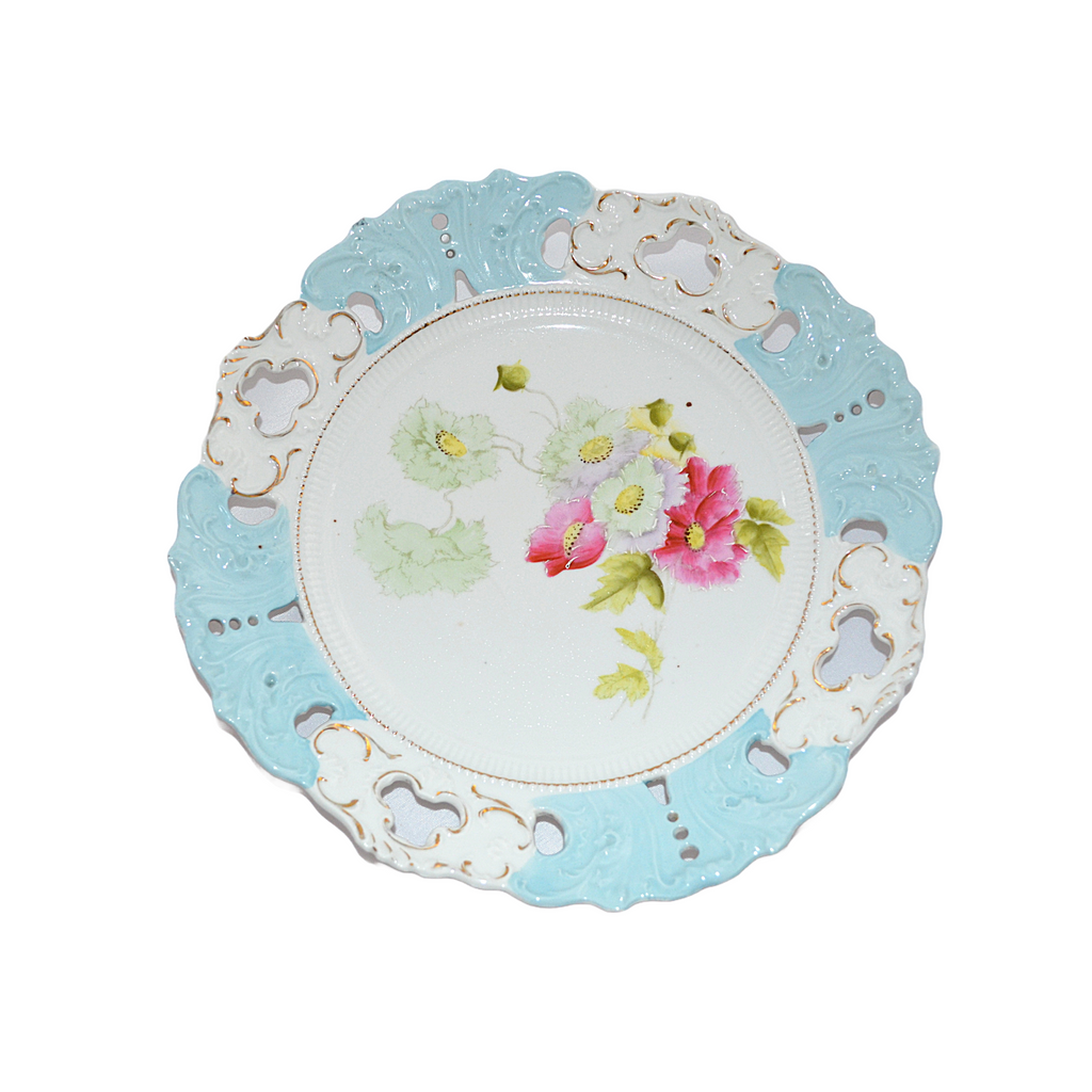 Prussia Porcelain Reticulated Cake Plate Nouveau Period Blue with Pink Flowers