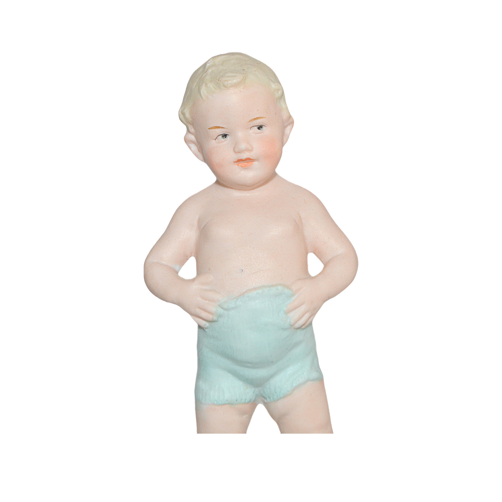 Gebruder Heubach German All Bisque Porcelain Figure Boy Standing in Tub Rare Example Starburst Mark