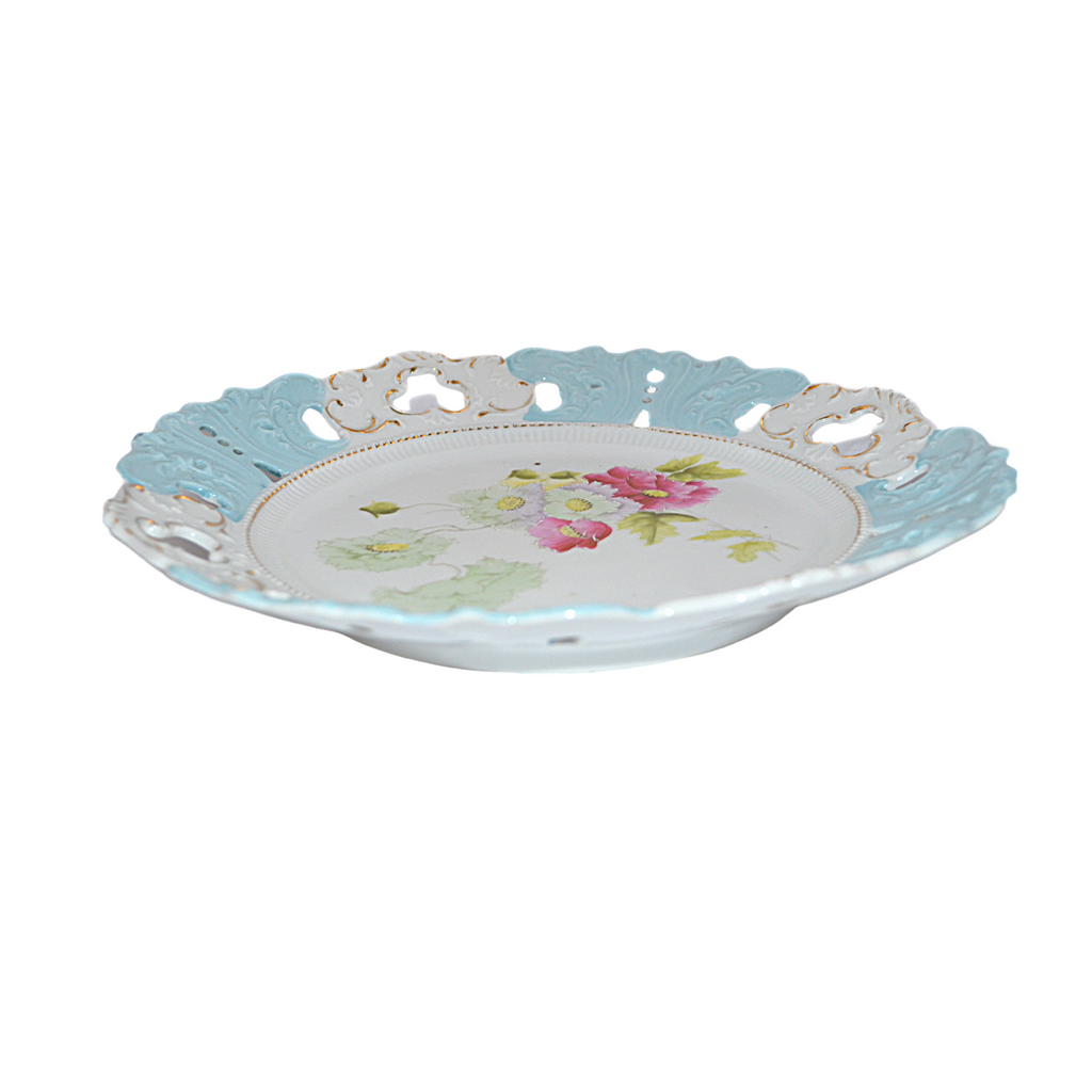 Prussia Porcelain Reticulated Cake Plate Nouveau Period Blue with Pink Flowers