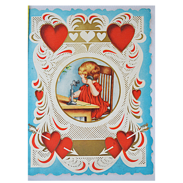 Vintage Die Cut Valentine Card Little Girl on Front with Red Hearts Using Phone Interior Children Sledding