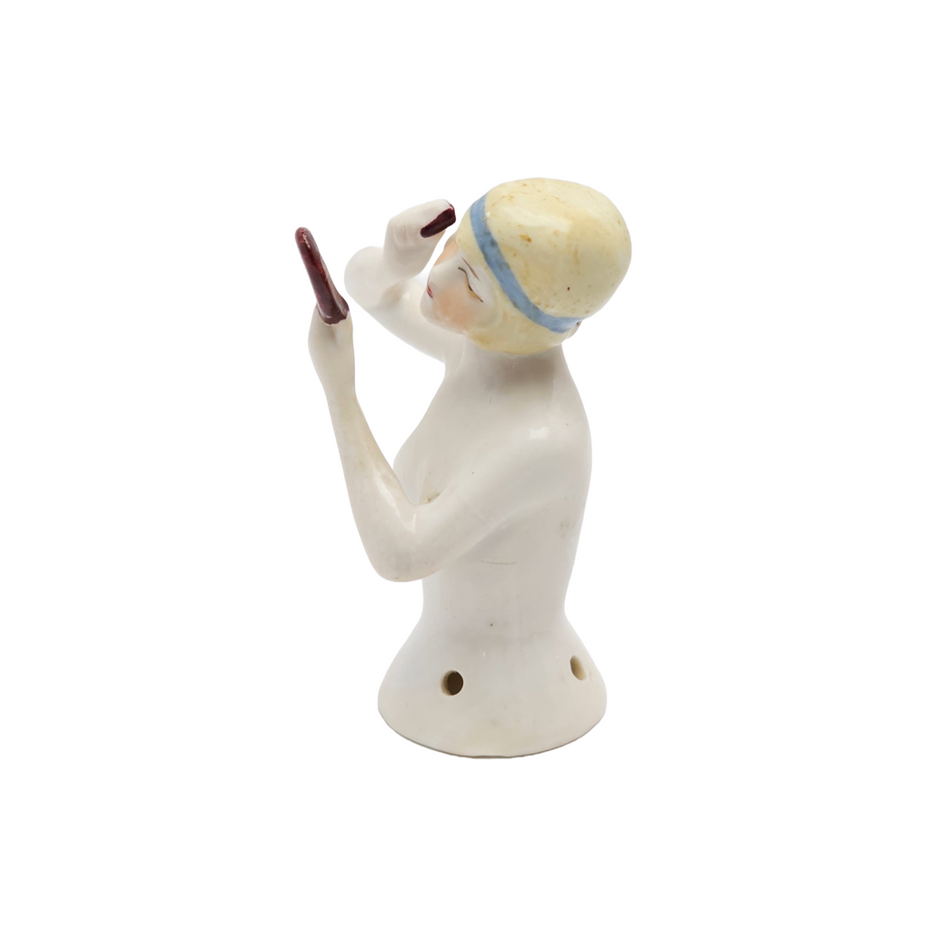 Art Deco Period German Porcelain Flapper Half Doll Applying Makeup Holding Hand Mirror