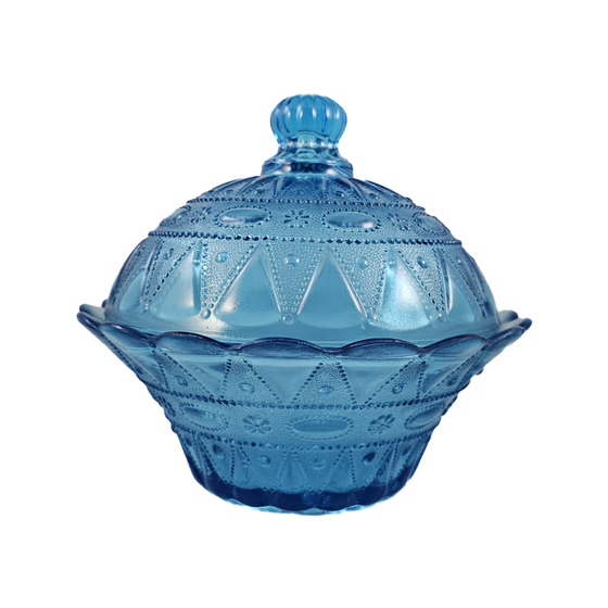 Kemple Wheaton Lace and Dewdrop Turquoise Blue Pressed Glass 6 1/2 Inch Lidded Bowl (Copy)