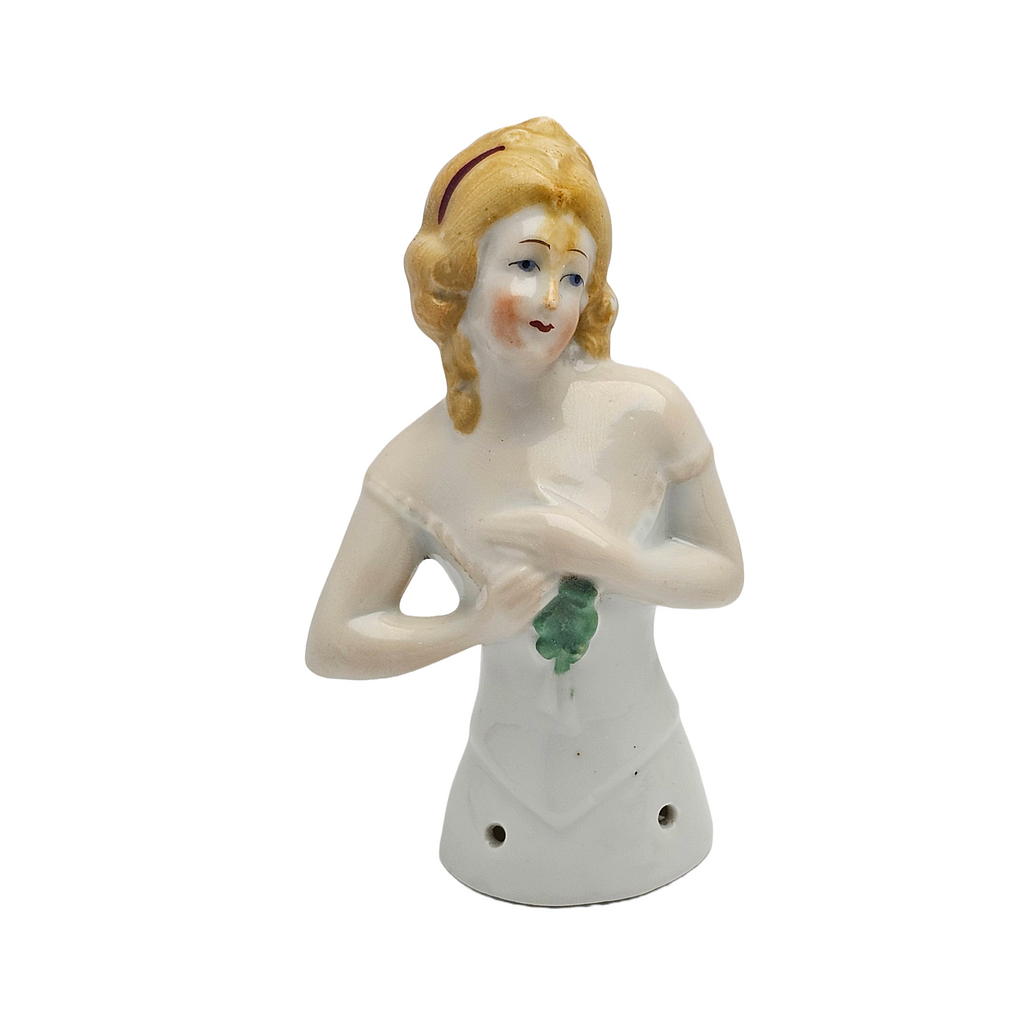 German Porcelain Half Doll Girl with Golden Curls Model 8032