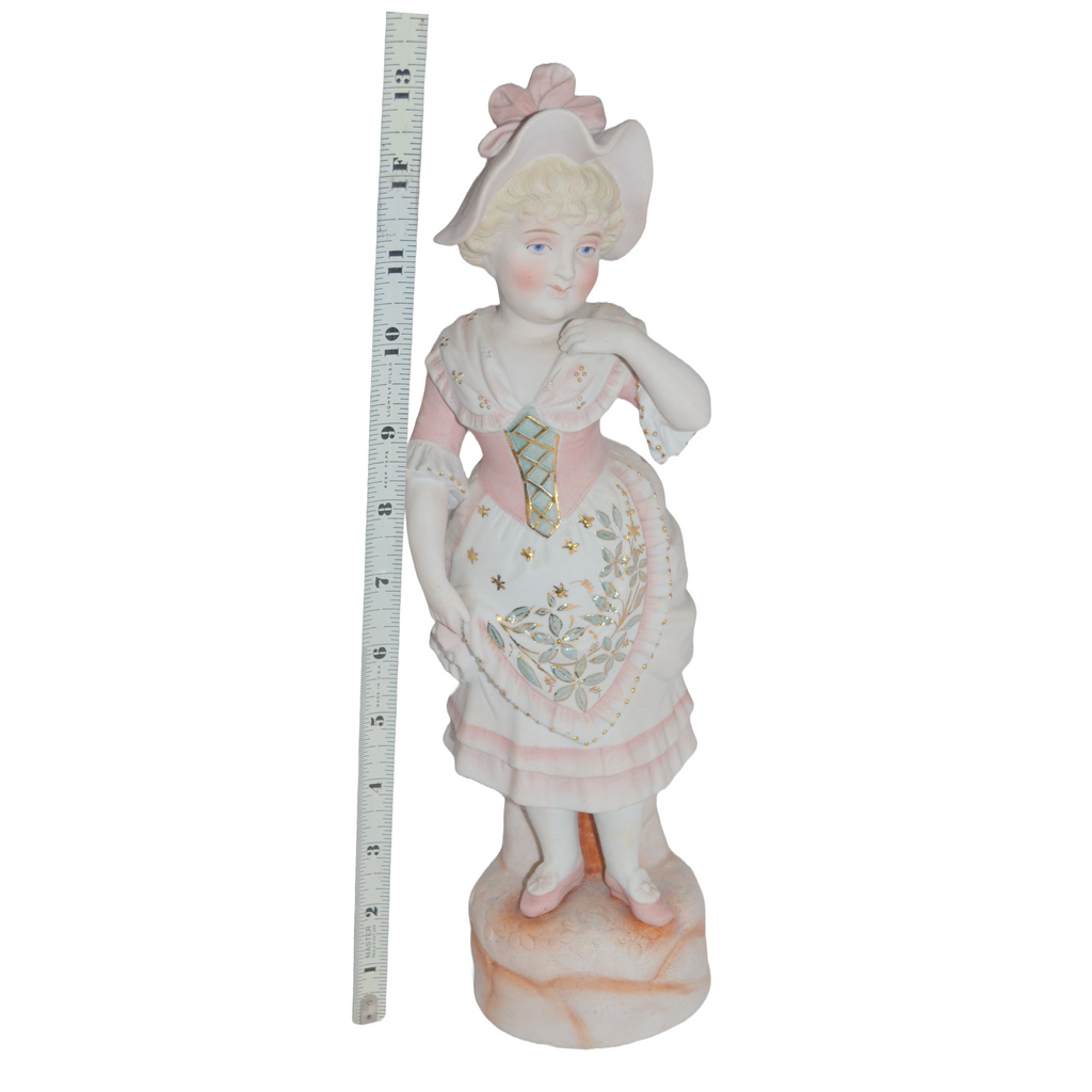 German Porcelain Bisque Statue Numbered Figurine of Woman in Pink