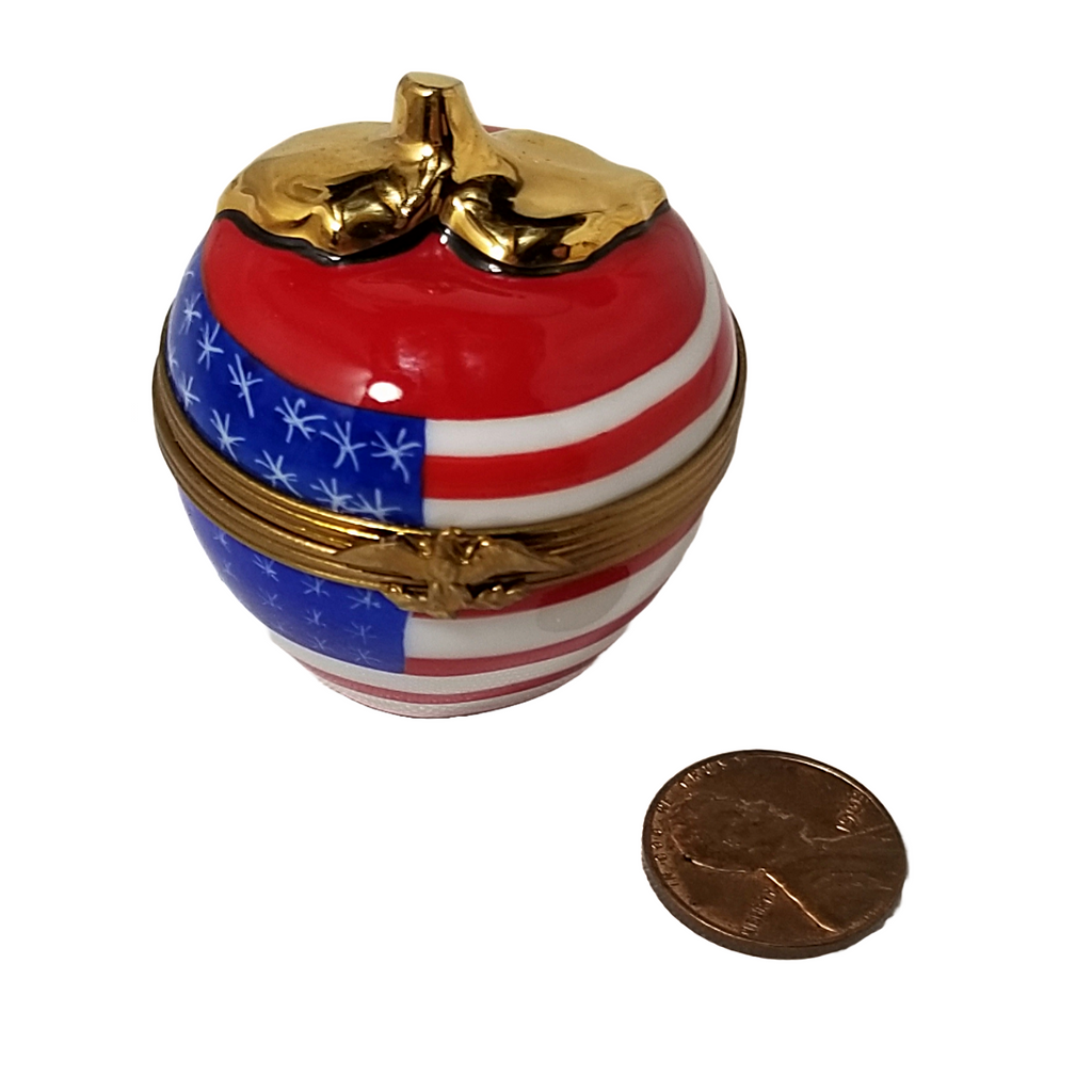 Limoges Peint Main Trinket Box Red White Blue American Flag Themed Apple Artist Signed