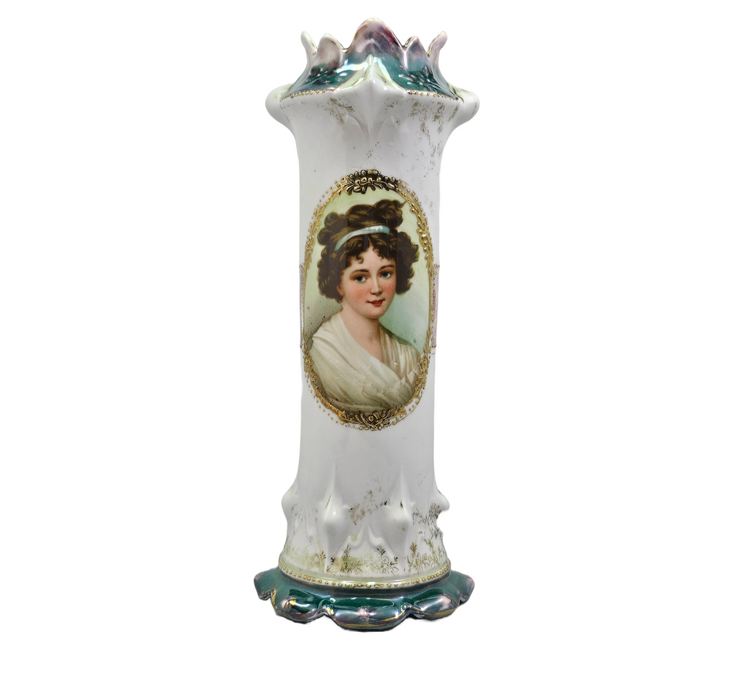 Antique Royal Vienna German Porcelain Portrait Vase Young Lebrun with Ribbon Art Nouveau Tiffany Finish