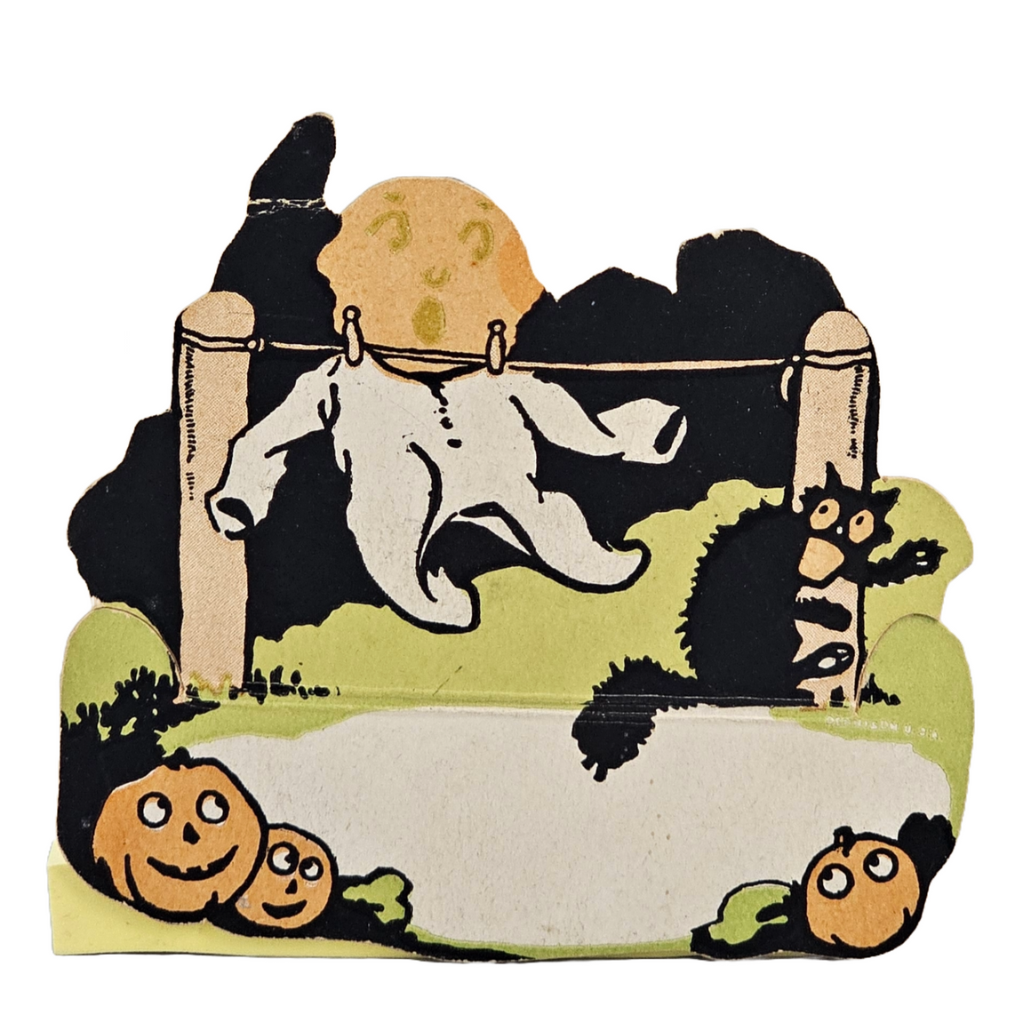 Vintage Dennison Halloween Die Cut Place Card 1920s JOL Pumpkin Ghost Pajamas Scared Black Cat