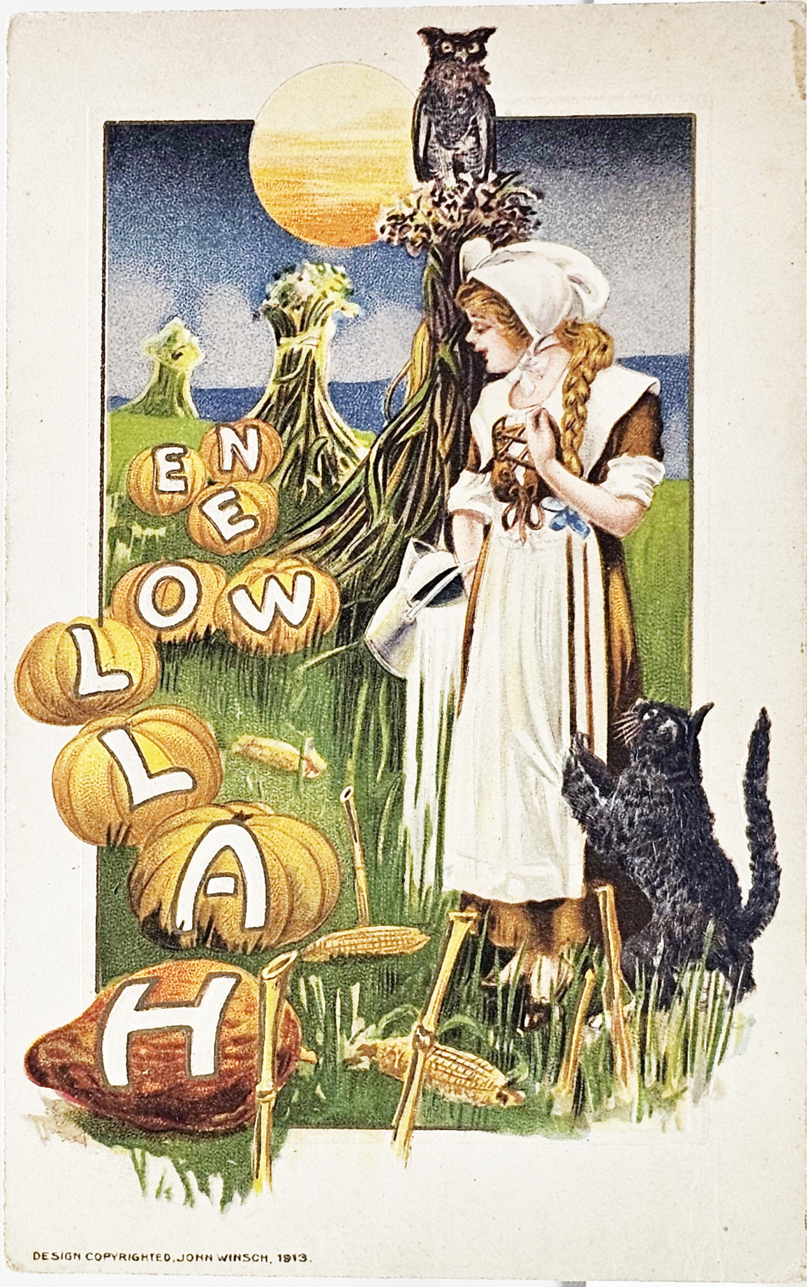Halloween Postcard Winsch Publishing Artist John Schmucker Milk Maiden Owl Black Cat JOL Pumpkins in Night