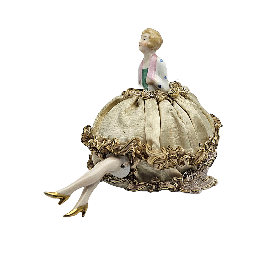 Art Deco German Porcelain Half Doll Polka Dot Top with Legs on Pin Cushion