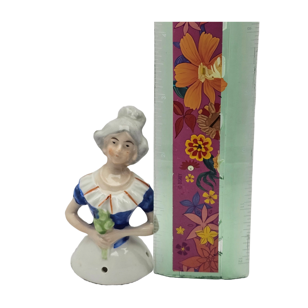 German Porcelain Half Doll German Woman Holding Flowers In Blue Top Model 8231