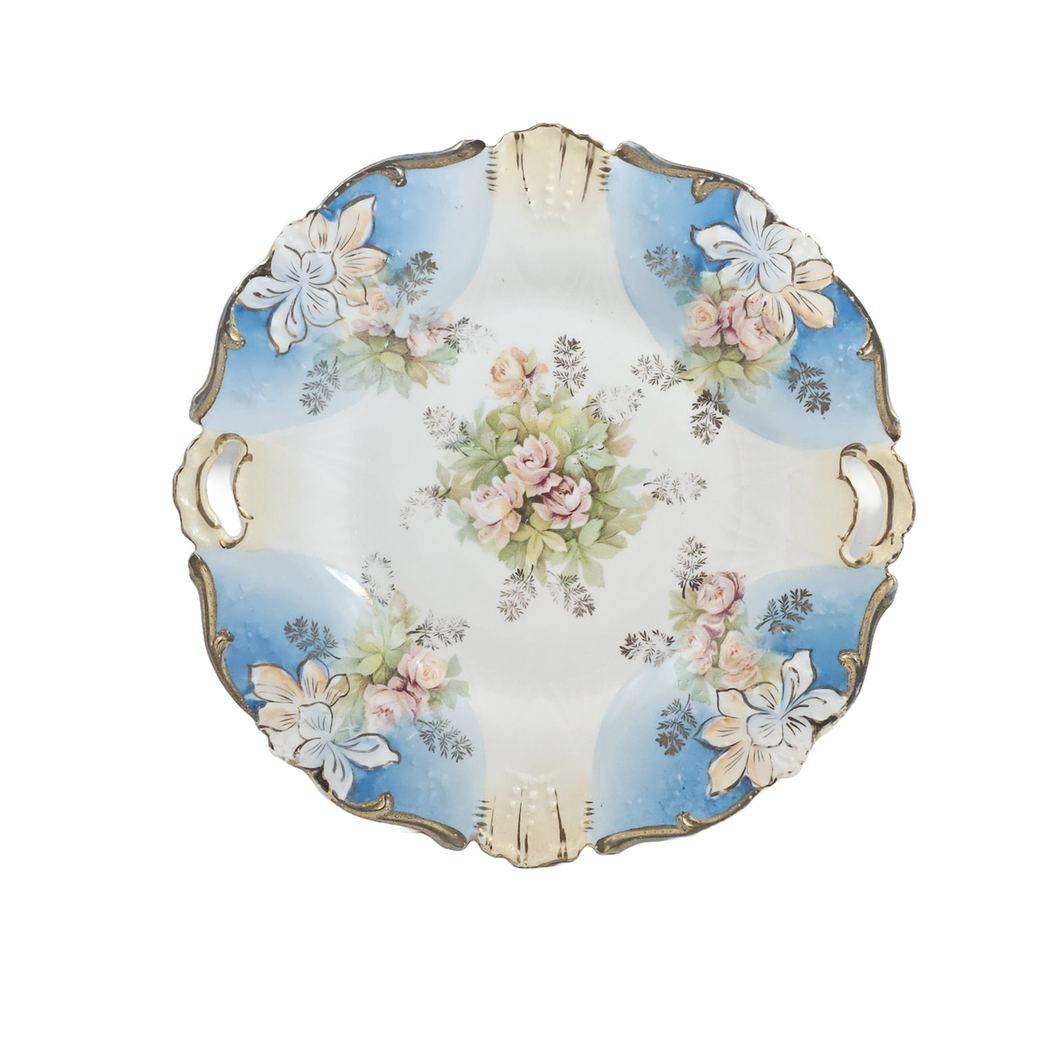 RS Prussia Porcelain Bowl Mold 339 UM Art Nouveau Cake Plate Blue w/ Pink Tea Roses