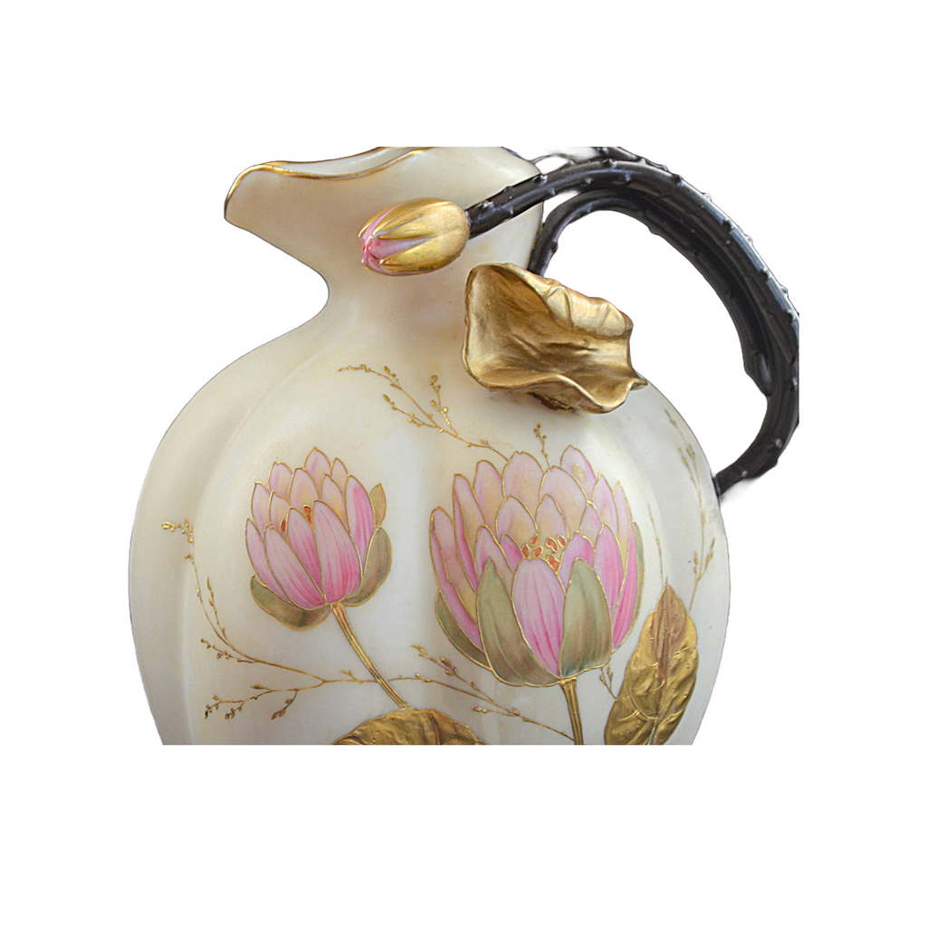Ott & Brewer Belleek Lotus Pitcher Gourd Shaped Gold Paste Leaves Water Lily Bud Handle