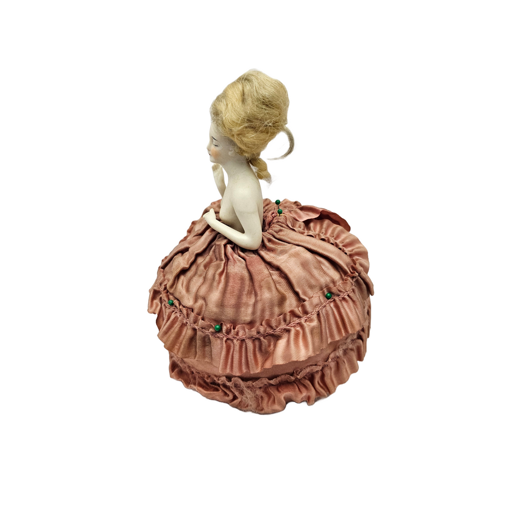Galluba Hofmann German Porcelain Half Doll on Pin Cushion 2420 with Mohair Wig