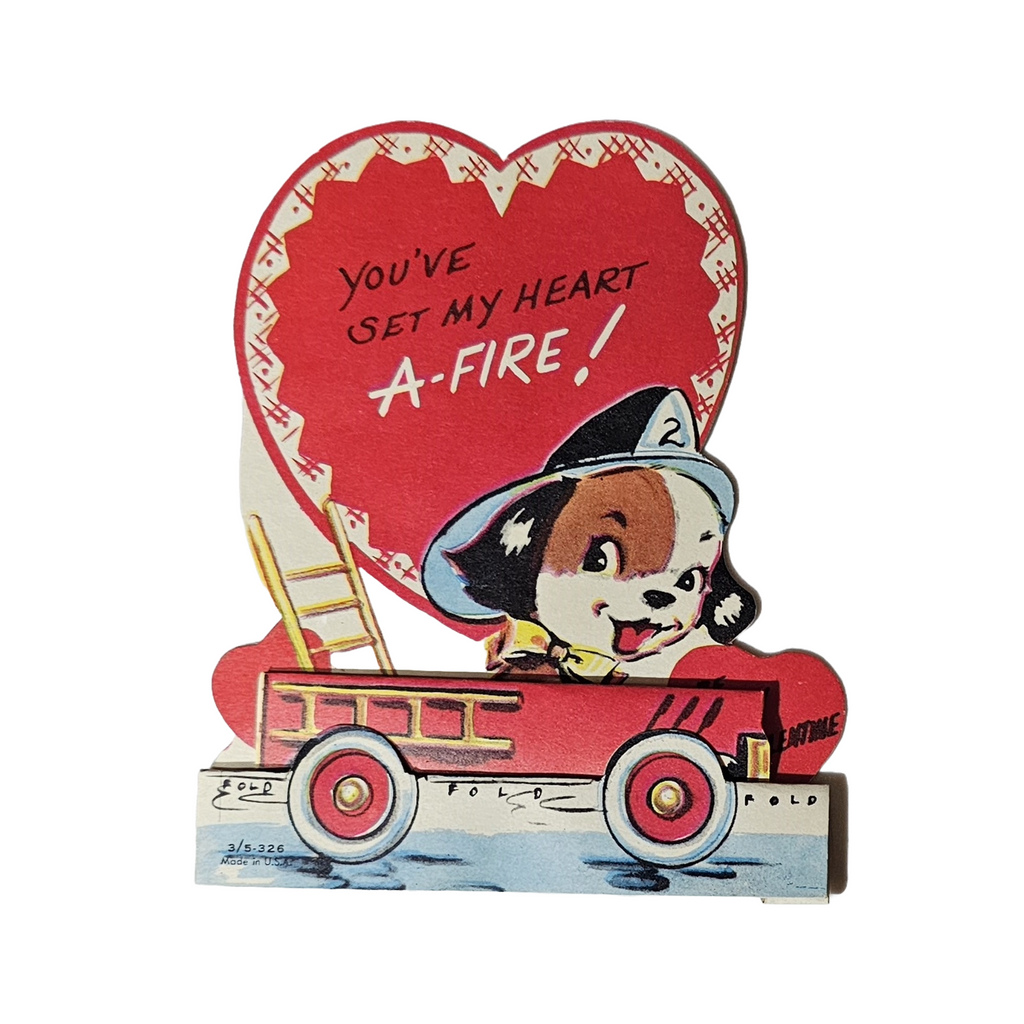 Vintage Die Cut Valentine Card Dalmatian Puppy Dog in Fire Truck