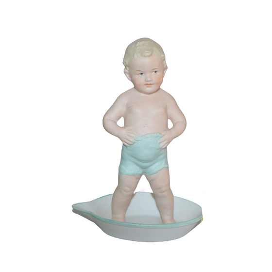Gebruder Heubach German All Bisque Porcelain Figure Boy Standing in Tub Rare Example Starburst Mark