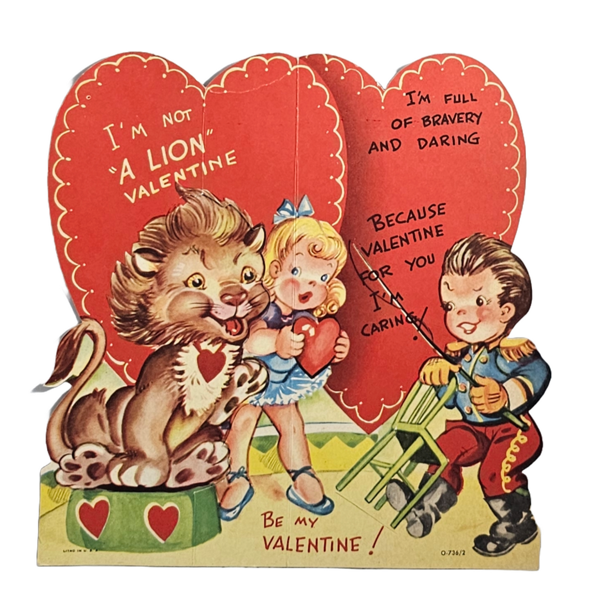Larger Vintage Die Cut Valentine Card Circus Children Lion and Tamer