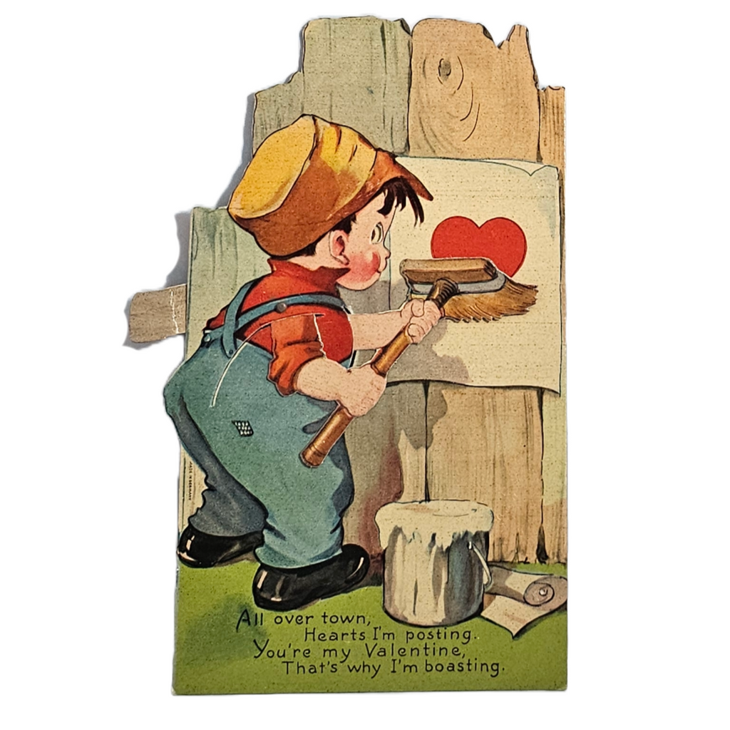 Vintage Die Cut Valentine Mechanical Card Boy Putting Up Heart Poster on Fence