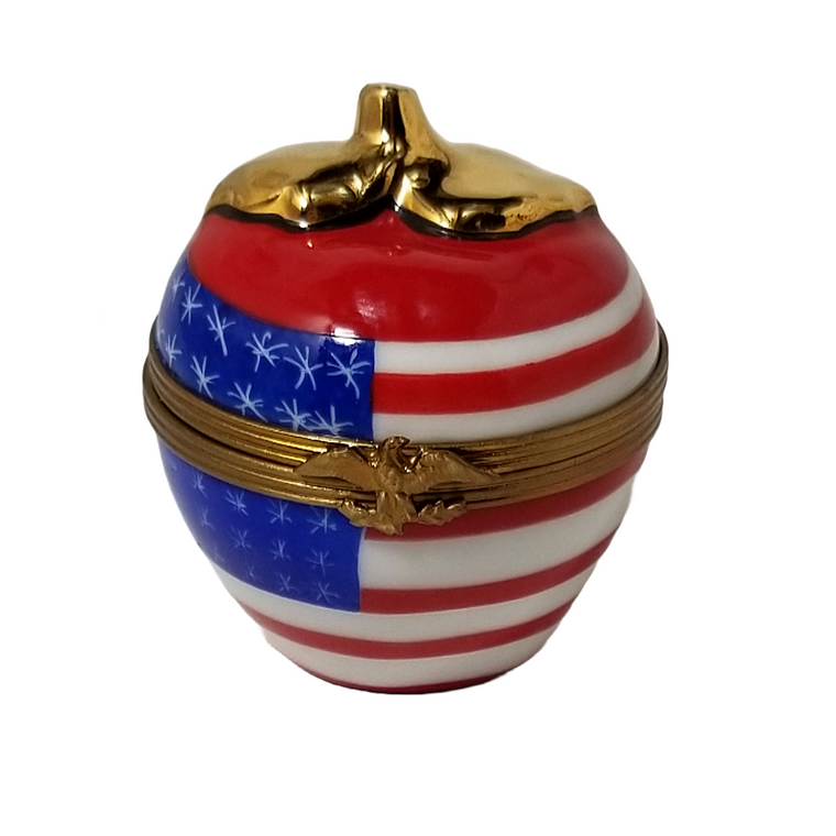 Limoges Peint Main Trinket Box Red White Blue American Flag Themed Apple Artist Signed