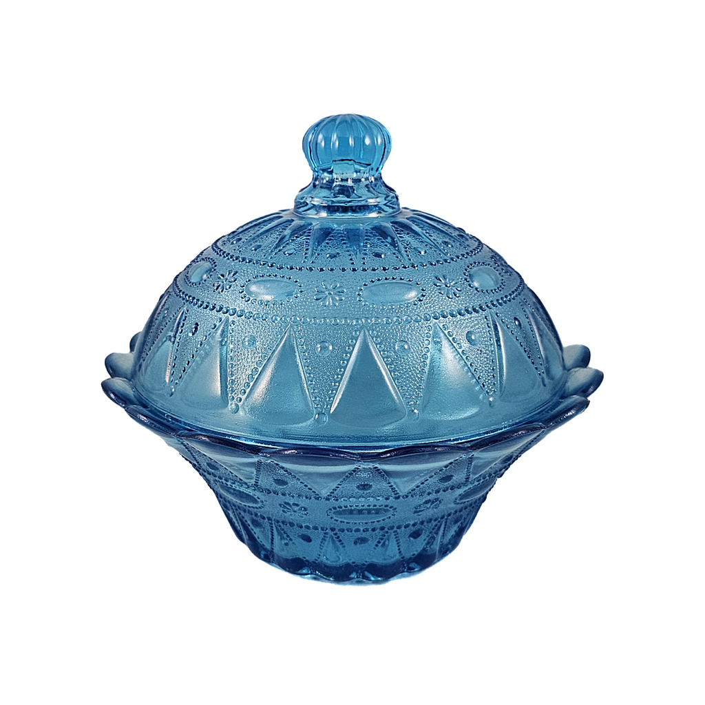 Kemple Wheaton Lace and Dewdrop Turquoise Blue Pressed Glass 6 1/2 Inch Lidded Bowl (Copy)