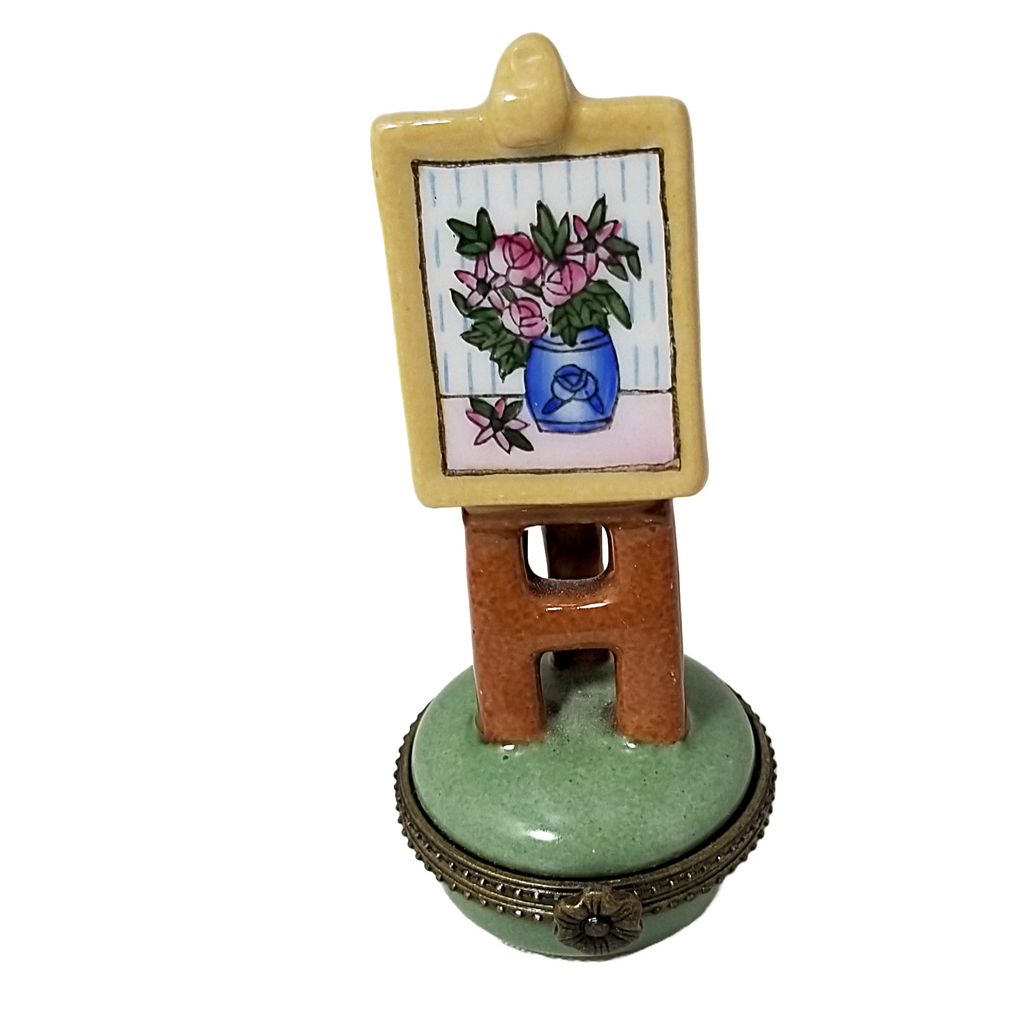 Vintage Porcelain Trinket Box Figural Shape of Easel with Floral Vase Gift for Artist