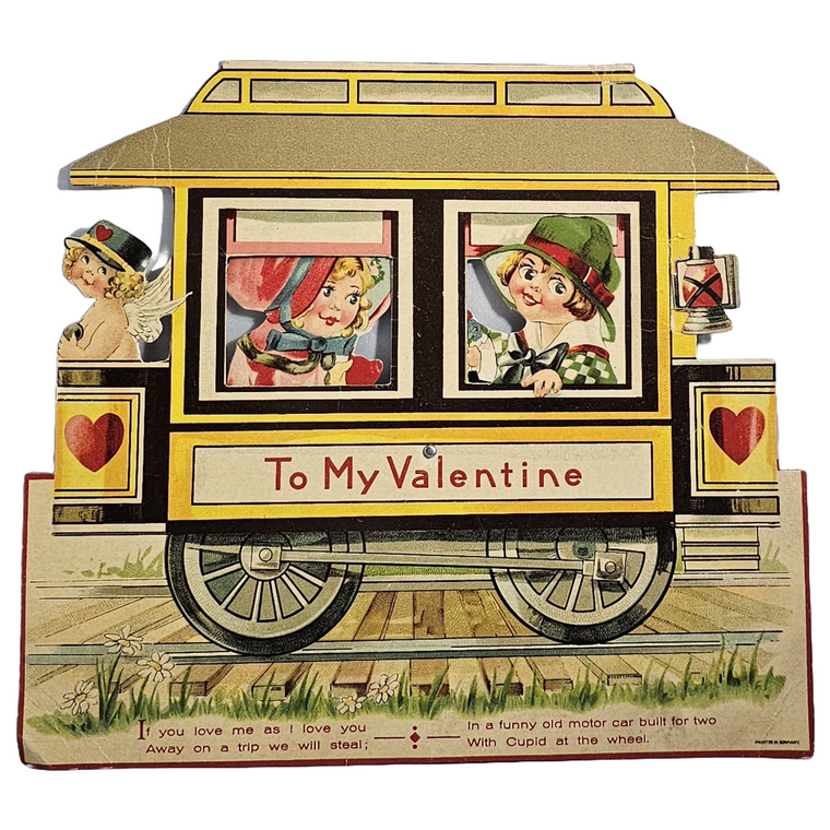 Larger Sized 8x8 German Die Cut Mechanical Valentine Card Cupid Driving Trolley Street Car with Children Riding