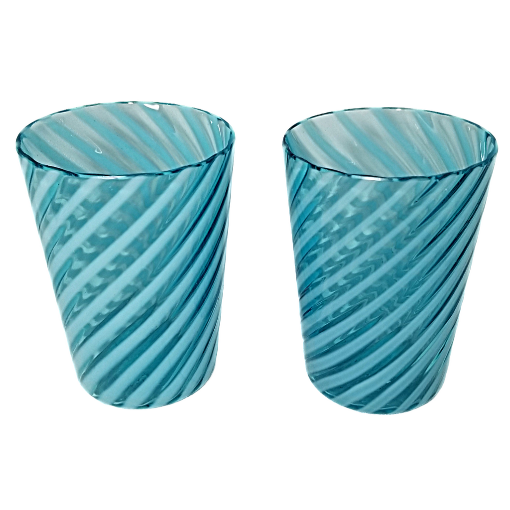 EAPG Antique Blue Opalescent Swirl Ribbed Pattern Tumbler Pair of Two Attributed to Jefferson Glass